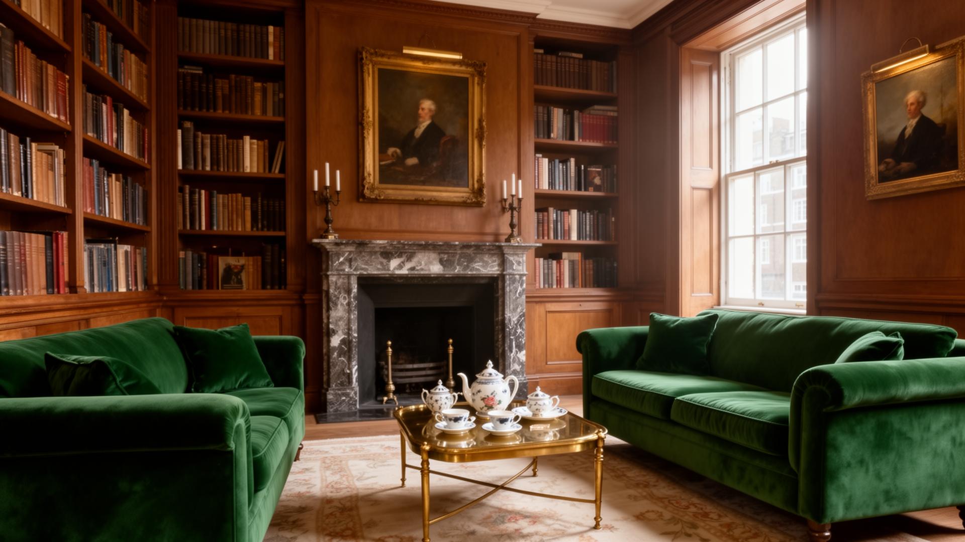The Drawing Room: green velvet sofas, marble fireplace, oil paintings and bone china in a Chelsea club interior